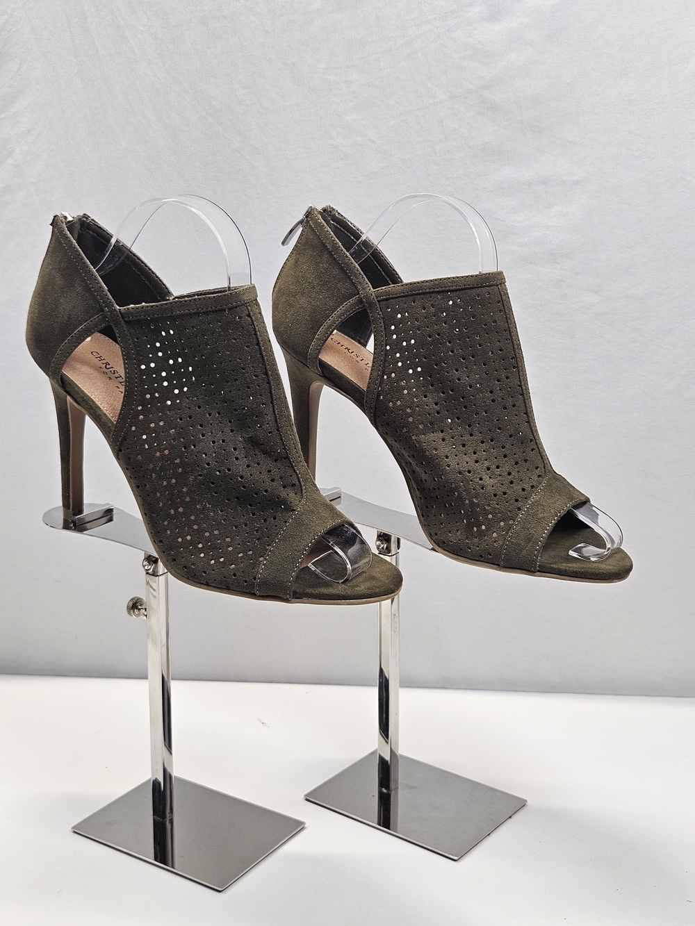Christian Siriano Olive Green Suede Perforated Peep Toe Bootie Heel 8.5